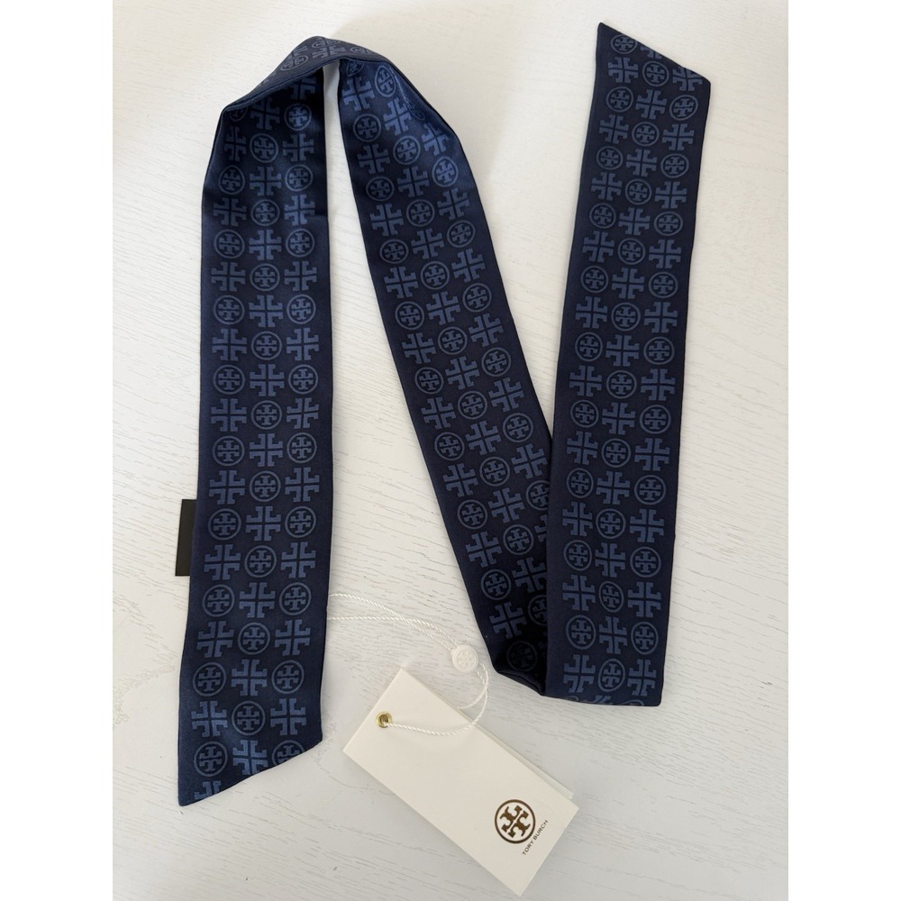 NWT Tory Burch TB Logo Silk Skinny Thin Neck Tie Headband Scarf Navy Authentic